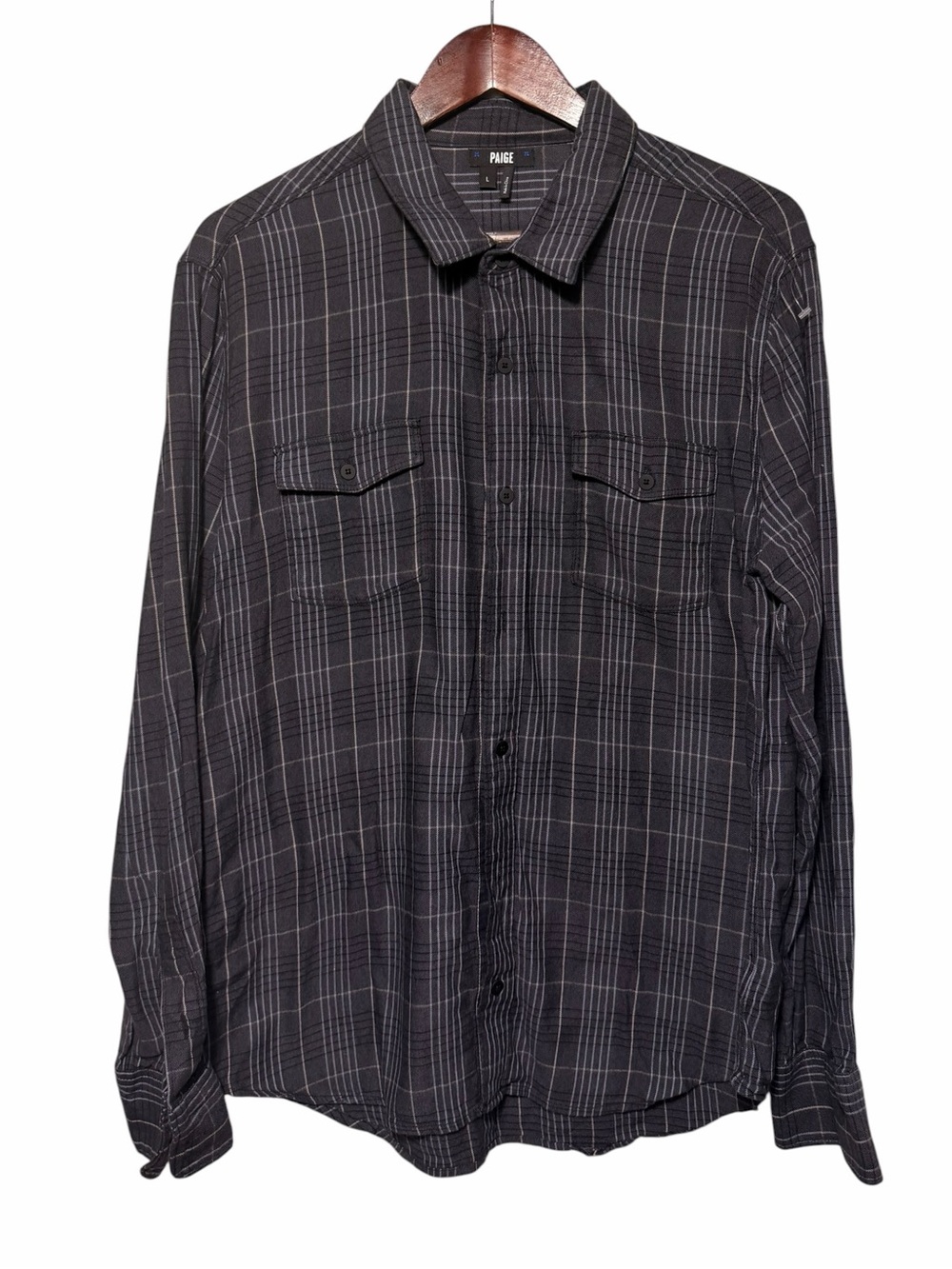 Paige Mens Everett Plaid Long Sleeve Button Up Shirt large Black Regular fit